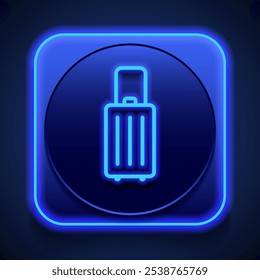 Travel bag simple icon. vector. Flat design. Blue neon style on button. With shadow.ai