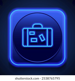 Travel bag simple icon vector. Flat design. Blue neon style on button. With shadow.ai