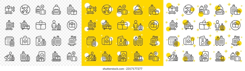 Travel bag size, Check weight and Backpack set. Baggage line icons. Airport luggage belt, handbag dimensions and baggage claim line icons. Check bag size, allowed luggage and briefcase. Vector