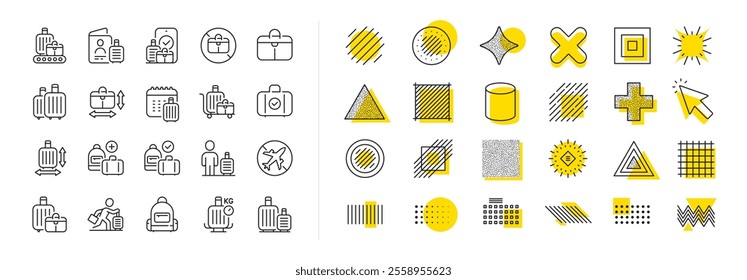 Travel bag size, Check weight and Backpack set. Design shape elements. Baggage line icons. Airport luggage belt, handbag dimensions and baggage claim line icons. Vector