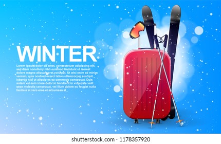 Travel bag with ski equipment. Winter banner concept. Falling snow. Vector. 