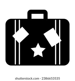 Icono sólido de bolsos de viaje, concepto de crucero marítimo, maleta vintage con adhesivos de fondo blanco, icono de equipaje en estilo glifo para concepto móvil y diseño web. Gráficos vectoriales