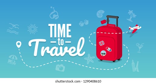 Travel bag with stickers. Concept for aircraft, travelling and trip. Trip background. Vector illustration template in flat style.