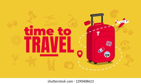 Travel bag with stickers. Concept for aircraft, travelling and trip. Trip background. Vector illustration template in flat style.