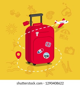 Travel bag with stickers. Concept for aircraft, travelling and trip. Trip background. Vector illustration template in flat style.