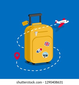 Travel bag with stickers. Concept for aircraft, travelling and trip. Trip background. Vector illustration template in flat style.