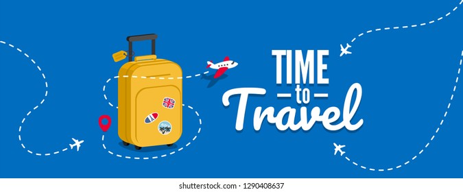 Travel bag with stickers. Concept for aircraft, travelling and trip. Trip background. Vector illustration template in flat style.