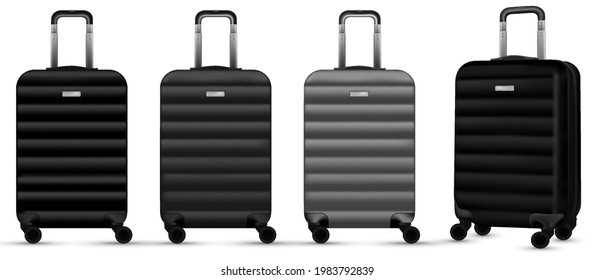 Travel bag stickers. Silver travel plastic suitcase or vacation baggage bag collection isolated on white background. Copy space. Road frame set.