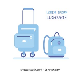 Travel bag or stroller suitcase and blue backpack isolated, luggage flat illustration vector.