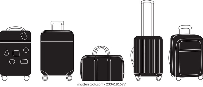 travel bag and suitcases set of silhouettes in doodle style isolated vector