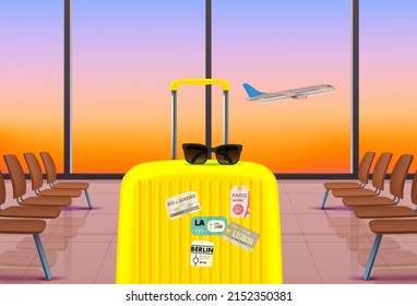 Travel bag with sunglasses in waiting hall in airport. 3d vector illustration