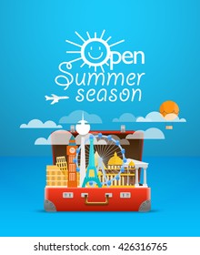 Travel bag vector illustration. Vacation design template. Open summer season