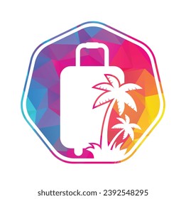 Plantilla de diseño del logotipo del vector de la bolsa de viajes. Árbol de coco con el concepto de plantilla de diseño de logotipo en maleta.