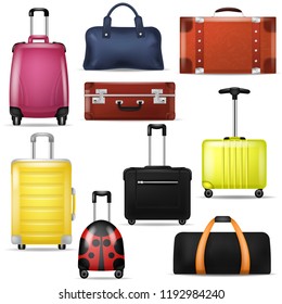 Travel bag vector realistic luggage suitcase for journey vacation tourism illustration set of trip baggage and tour adventure case or handbag for tourist isolated on white background