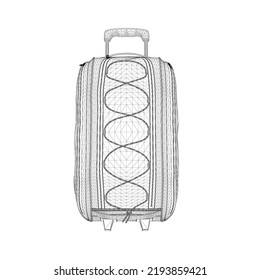 Travel bag wireframe from black lines isolated on white background. Front view. 3D. Vector illustration.