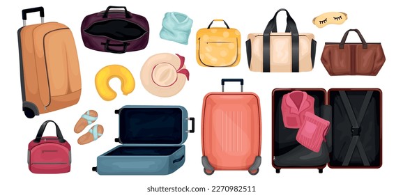 Travel baggage cartoon set of trip bags and touristic suitcases on wheels isolated vector illustration