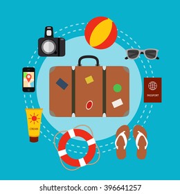 Travel baggage concept with travel elements, voyage tourism  icons. Summer travel luggage concept suitcase. Voyage travel concept in flat style. Vector illustration of summer tourism background