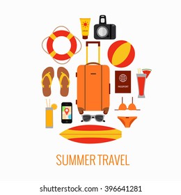 Travel baggage concept with travel elements, voyage tourism  icons. Summer travel luggage concept suitcase. Voyage travel concept in flat style. Vector illustration of summer tourism background