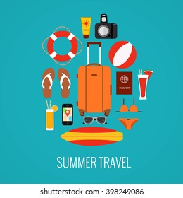 Travel baggage concept with travel elements, voyage tourism  icons. Summer travel luggage concept suitcase. Voyage travel concept in flat style. Vector illustration of summer tourism background