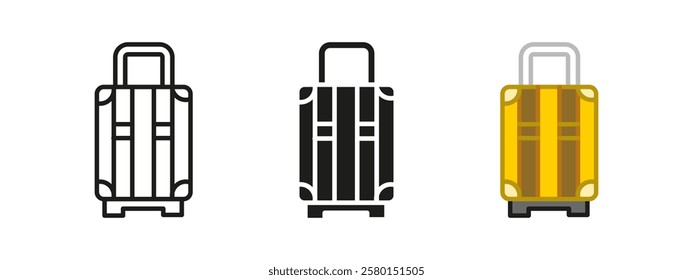 Travel baggage icon. Rolling suitcase for airport and trip symbol. Luggage for tourism, business, and transportation sign. Mobility packing vector illustration.