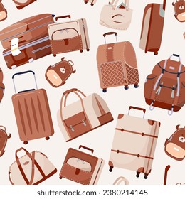 Travel baggage, luggage vector seamless pattern for tourism in stylish beige color. Voyage bags collection. Cartoon travel background for wallpaper, packaging, wrapping and background.