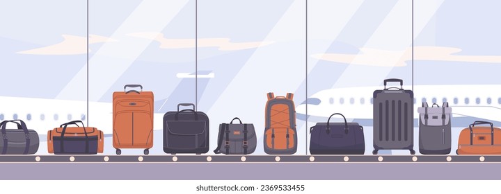 Travel baggage on conveyor, luggage on airport belt. Plastic suitcases and backpack, big bags. Security claim and safety flight, kicky vector flat scene