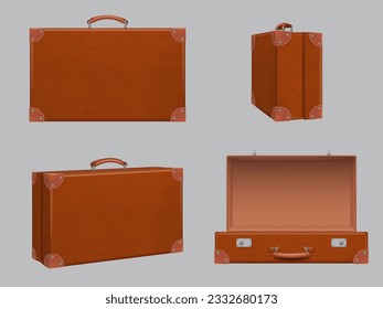 Travel baggage. Retro realistic suitcase different side and front views open and closed luggage decent vector pictures set