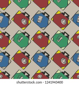 travel baggage seamless pattern . fashion hand drawn ink style with black contour lines isolated on craft paper backgrownd. repeatable texture for textile fabric , wrapping print. vector illustration