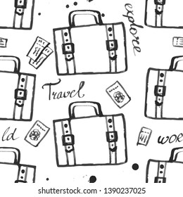 travel baggage seamless pattern. fashion hand drawn ink style with black contour lines isolated on white background. repeatable texture for textile fabric wrapping paper vector illustration