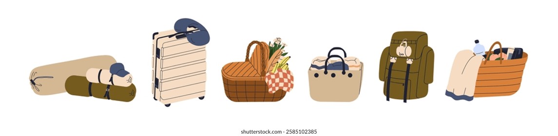 Travel baggage set. Hiking and camping backpack, wheeled luggage, trolley suitcase, picnic basket, beach bag. Different holiday packages. Flat vector illustration isolated on white background