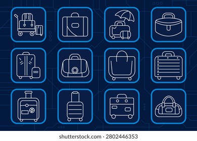 Travel baggage set icon. Suitcase trolley, vacation luggage, umbrella baggage, cosmetic case, rolling bag, backpack, carryon storage, tourism transport accessories, portable travel containers