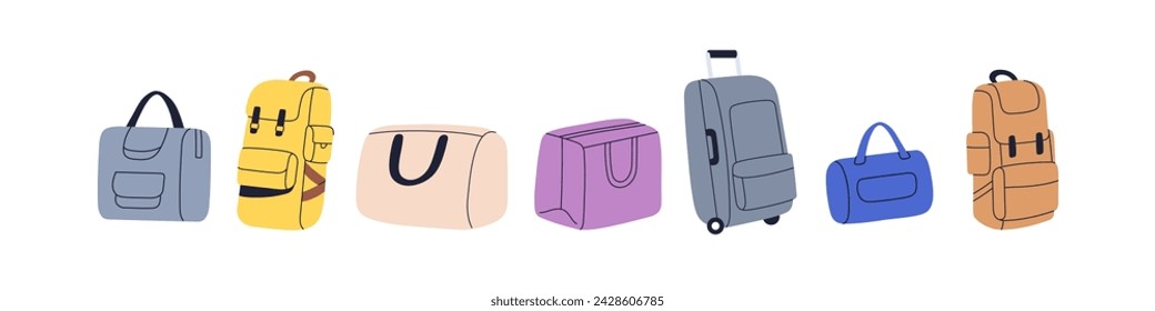 Equipaje de viaje. El equipaje de los turistas. Bolsas, mochilas de senderismo, mochilas, maleta de rueda giratoria. Valise, paquetes turísticos de diferentes tipos. Ilustraciones vectoriales planas aisladas sobre fondo blanco