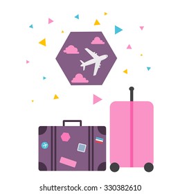 Travel bags and airplane. Tourism and vacation concept. Flat design vector illustration.