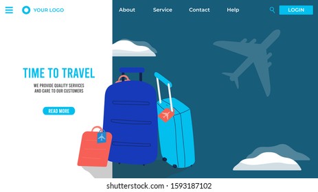 Travel bags in airport, tour agency website design vector illustration. Airline landing page template, hand drawn baggage in simple flat style. Time to travel, international airport luggage bags