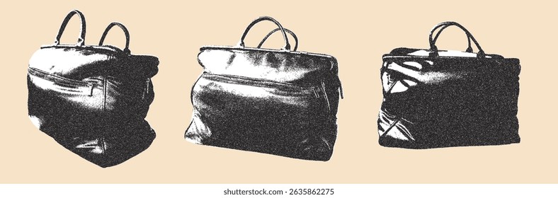 Travel bags collage photocopy stickers set. Grunge textured doodle isolated. Tourism signs shapes. Halftone linocut trip luggage. Vector illustration collection isolated.