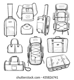 Travel bags. A collection of sketches isolated on white background. 