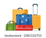 Travel bags composition. Suitcase, backpack, duffel bag. Tourist case, journey and adventure baggage. Retro tourist case with stickers. Wheeled travel bag with hand. Vector illustration