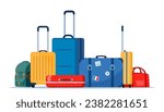 Travel bags composition. Suitcase, backpack, duffel bag. Tourist case, journey and adventure baggage. Retro tourist case with stickers. Wheeled travel bag with hand. Vector illustration