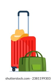 Travel bags composition. Suitcase and backpack. Tourist case, journey and adventure baggage. Travelers luggage. Vector illustration