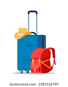 Travel bags composition. Suitcase and backpack. Tourist case, journey and adventure baggage. Travelers luggage. Vector illustration