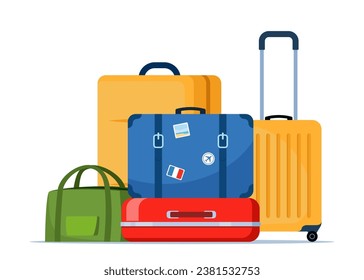 Travel bags composition. Suitcase, backpack, duffel bag. Tourist case, journey and adventure baggage. Retro tourist case with stickers. Wheeled travel bag with hand. Vector illustration