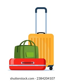 Travel bags composition. Suitcase and backpack. Tourist case, journey and adventure baggage. Travelers luggage. Vector illustration