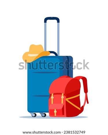 Travel bags composition. Suitcase and backpack. Tourist case, journey and adventure baggage. Travelers luggage. Vector illustration