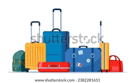 Travel bags composition. Suitcase, backpack, duffel bag. Tourist case, journey and adventure baggage. Retro tourist case with stickers. Wheeled travel bag with hand. Vector illustration