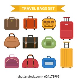 Travel bags icon set, flat style, isolated on a white background. Collection different suitcases, luggage. Vector illustration