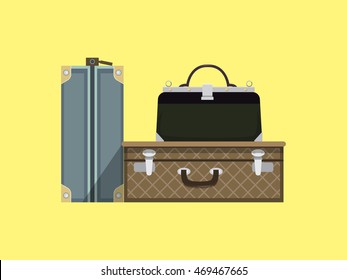 Travel bags on yellow background. Cartoon colorful vector illustration