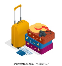 Travel bags, passport, photo camera and travel ticket. For infographics and design games. 