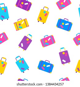 Travel bags seamless pattern in flat style. Worldwide traveling and vacation concept. Suitcases and bags with travel stickers background. Tourist luggage with clothes vector illustration.