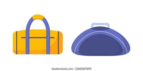 Travel bags set. Blue baggage and yellow luggage. Active lifestyle and leisure. Hiking and camping. Sticker for social networks. Cartoon flat vector collection isolated on white background