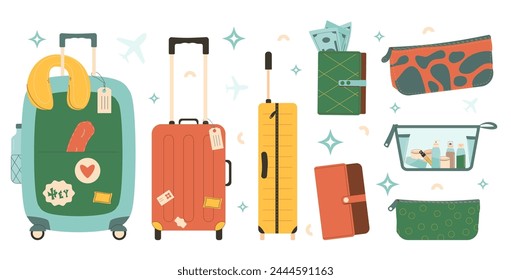 Travel bags set. Suitcases, wallet, beauty case and toiletry bag isolated on white background. Baggage vector flat illustration.